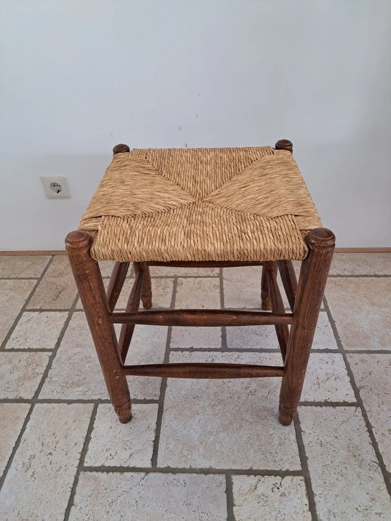 Vintage wooden stool oak with reed seat