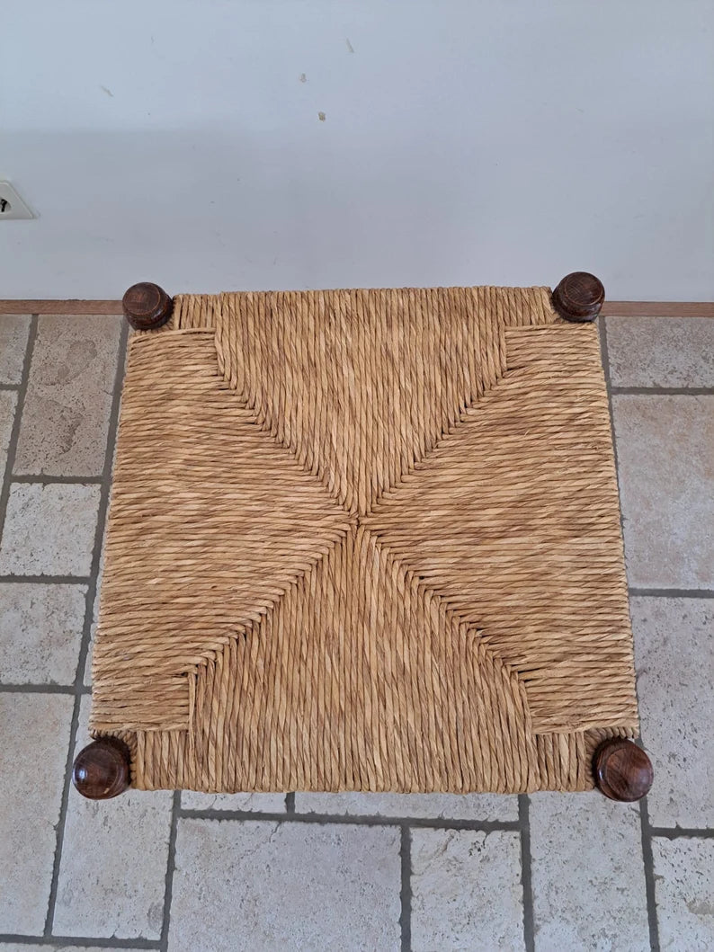 Vintage wooden stool oak with reed seat