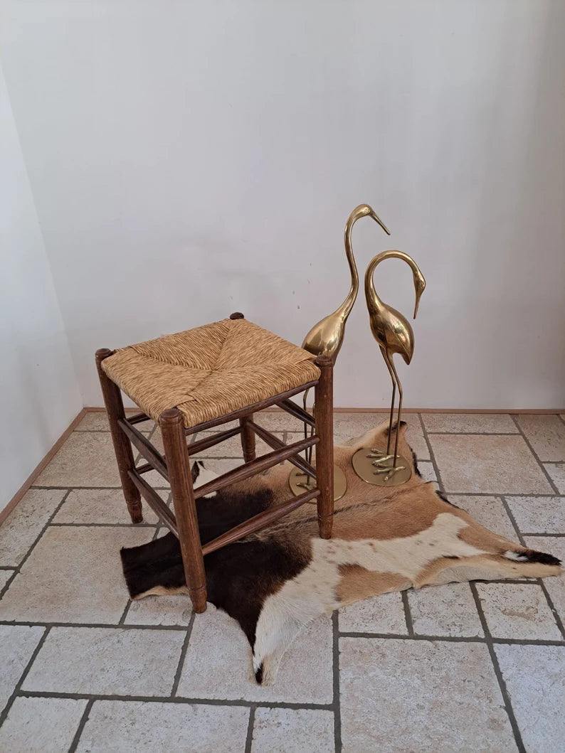Vintage wooden stool oak with reed seat