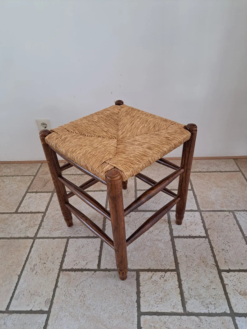 Vintage wooden stool oak with reed seat