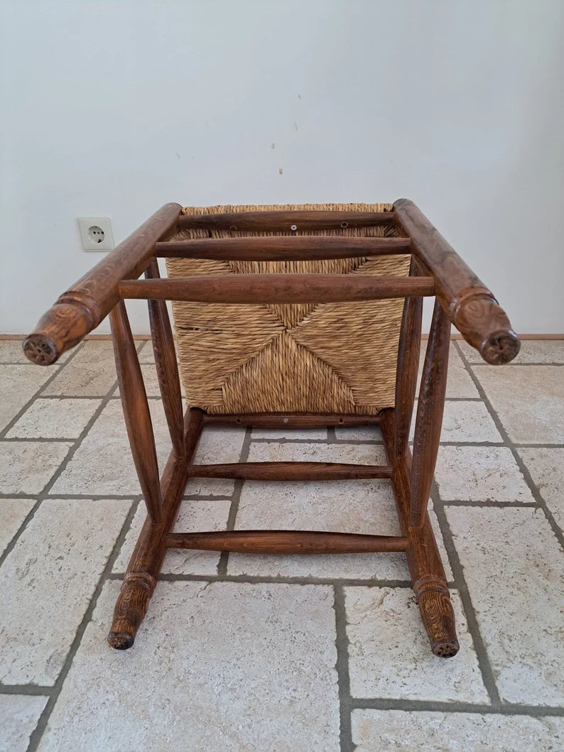Vintage wooden stool oak with reed seat